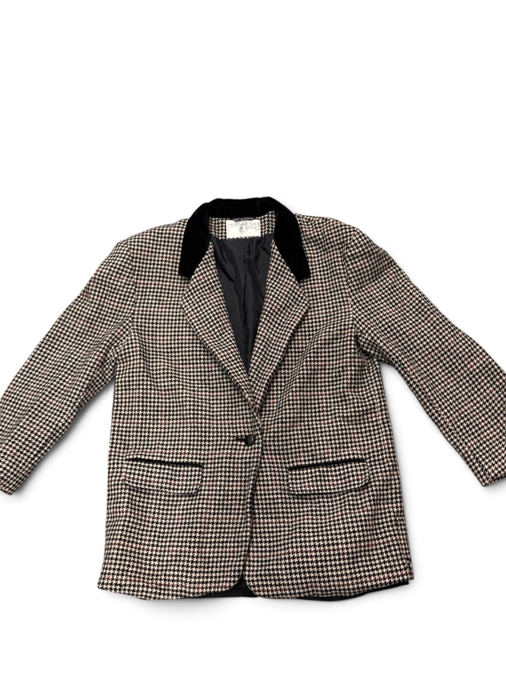 Vintage Black & Cream Houndstooth Wool Velvet Collar BlazerJacket